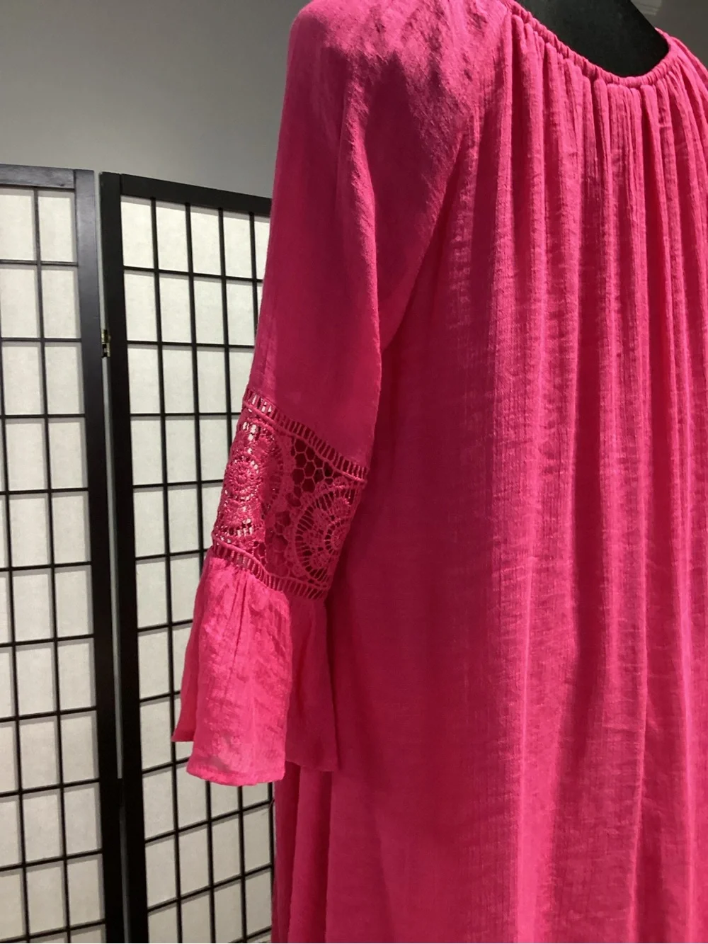 Bright Pink Women's Peasant Dress with Lace Bell Sleeves - Picture 5 of 7